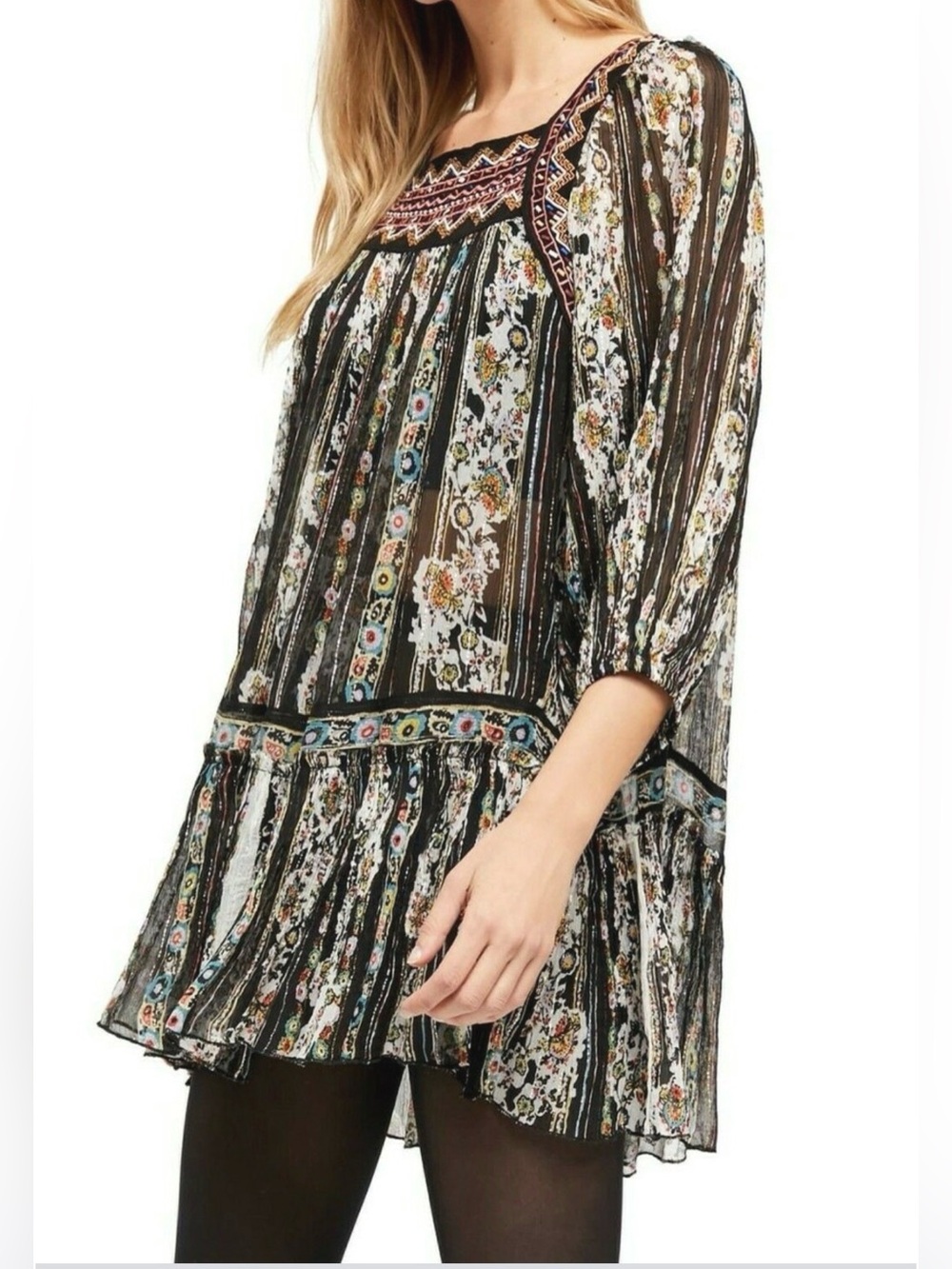 Free People Dance Magic Embroidered 3/4 Sleeve Tunic Metallic Dress - Picture 1 of 10